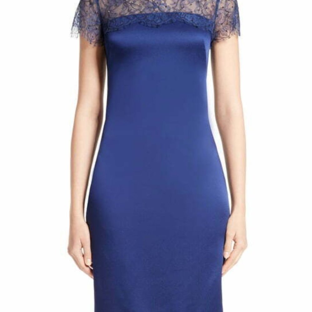 St. John Collections Shaded Flora Luxe Satin Lace Dress in Navy